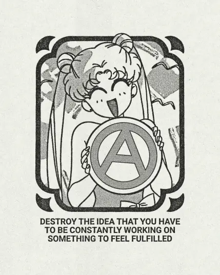 Sailor moon holding anarchist symbol "destroy the idea you have to be constantly working or something to feel fulfilled"