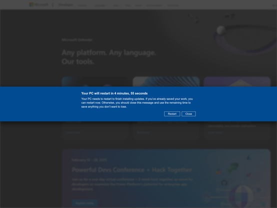 screenshot from tech support scan showing the need to reboot in order to continue. either way, the victim is shown a tech support scam.