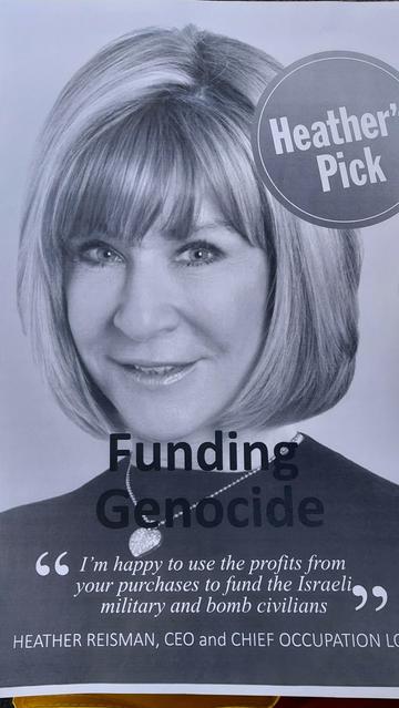 The return of the Heather riesman's "Heather's Pick: Funding Genocide" flyers. The same ones that resulted in no knock warrants to kick in people's doors two years ago.