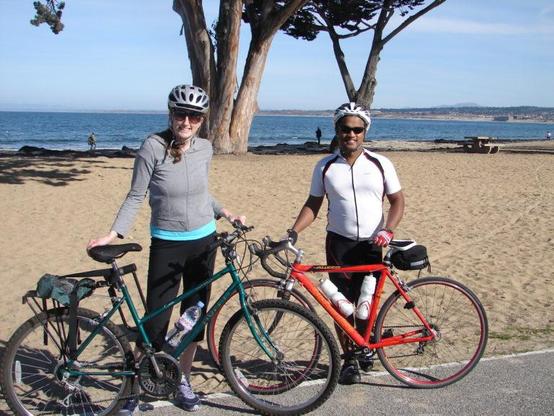 MIIS student Navindra from Portland and friend paused to chat with us in  2012 on the multiuse trail in front of Del Monte Beach, Monterey.