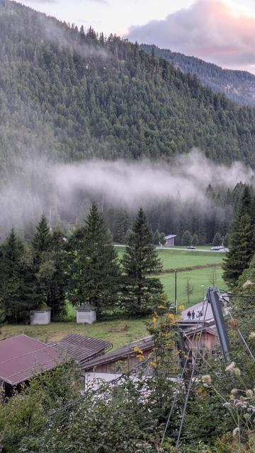Nebelschwaden ziehen über einen grünen Talboden mit Wald und Wiesen, eingerahmt von Bergen.