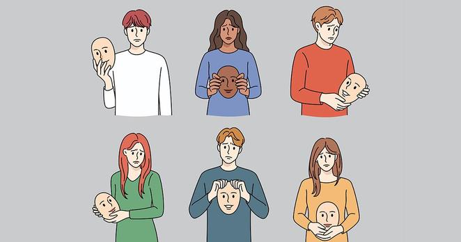 Illustration de six personnages, hommes et femmes, chacun tenant un masque représentant un visage. Cette image symbolise la personnalité numérique comme double ou masque social : un moi affiché en ligne qui se distingue de l’identité réelle. Les expressions hésitantes ou inquiètes soulignent le paradoxe psychologique de nos vies connectées, entre protection, contrainte et auto-censure.