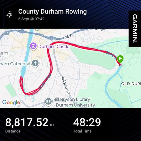 A Garmin activity showing a rowing session 8.8km 48min