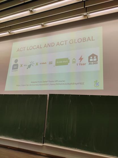 "Act local and act global" title on a slide showing how an improvement in efficiency translates to powering thirty thousand homes for a year.