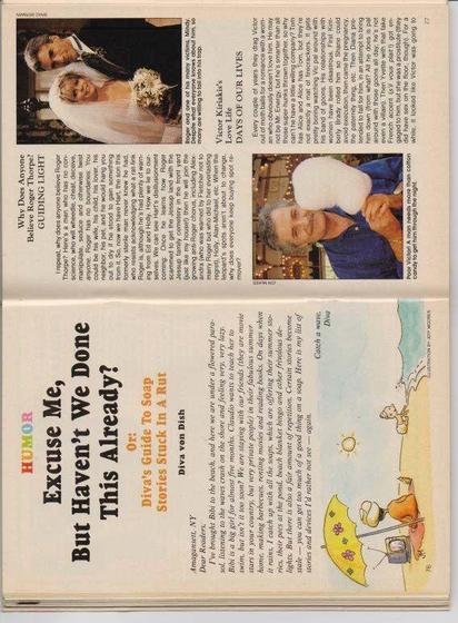 Two-page spread from Soap Opera Digest. Top half features Vince and Dona’s wedding from "Guiding Light" and Kramer playfully eating cotton candy on "Days of Our Lives." Bottom half includes a humor article titled “Excuse Me, But Haven’t We Done This Already?” with a cartoon of a beachgoer reading a newspaper while a child builds a sandcastle. Speech bubble reads, “Could it be... amnesia?”