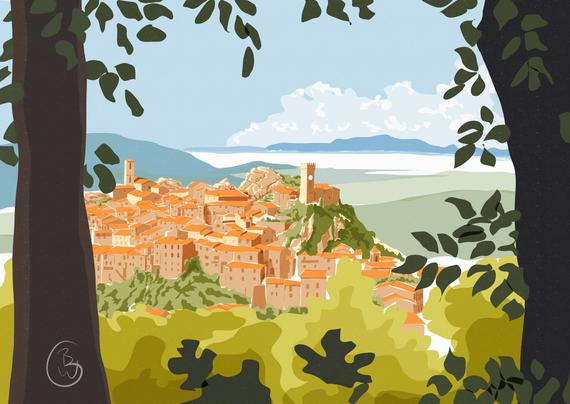 A digital painting of the medieval town of Roccatederighi.
Made by @madebybertien.