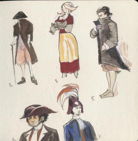 watercolor and ink sketches of characters in historical inspired clothing. numbered from 3 to 7.