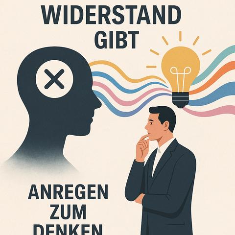 Deutsch:
Das Bild zeigt den Kontrast zwischen einem dunklen Kopf mit einem „X" im Inneren - Symbol für Widerstand, Blockade und das bewahrende Mainstream-Muster - und einem nachdenklichen Mann im Anzug, der vor einer leuchtenden Glühbirne steht. Zwischen beiden fließen farbige Wellen, die für Ideen, Innovation und neue Horizonte stehen. Die Botschaft „Widerstand gibt - Anregen zum Denken" verdeutlicht, dass jede Gesellschaft dazu neigt, Innovationen zunächst abzuwehren, bevor sie den Wandel akzeptiert.
Englisch:
The image contrasts a dark silhouette head with an "X" inside - symbolizing resistance, blockage, and the preserving mainstream pattern - with a thoughtful man in a suit standing before a glowing lightbulb. Colorful waves flow between them, representing ideas, innovation, and new horizons. The message "Widerstand gibt - Anregen zum Denken" (There is resistance - Stimulating thought) highlights how every society tends to resist innovation at first before eventually embracing change.🖖