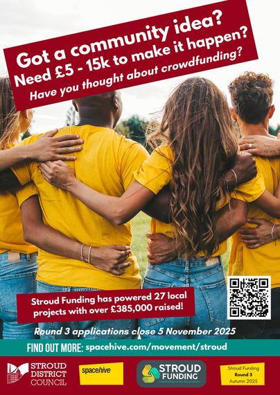 Projects must: 

    Benefit people within the Stroud district 
    Align with one or more of the council’s priorities: 
        Environment 
        Communities and Wellbeing 
        Local Economy 
        Housing  
    Be time-bound with a clear delivery date and contingency plans.