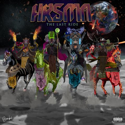 HRSMN – The Last Ride. The artwork transforms the rap supergroup into mythic horsemen of the apocalypse. Each rider is armored in futuristic battle gear, riding spectral steeds in black, green, blue, and blazing red. The lunar ground beneath their hooves cracks with force, while a fractured Earth burns in the background, under cosmic attack. The cover blends sci-fi, mythology, and hip hop bravado, symbolizing the group’s final ride together — epic, destructive, and unforgettable.