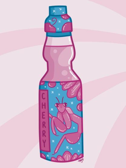 An illustration of a bottle of ramune. It is pink with a blue label that reads "CHERRY" on the left in pink and displays a pink orchard mantis among petals and circles and stars. The lid is also blue with cherries. The background is a striped pale pink.