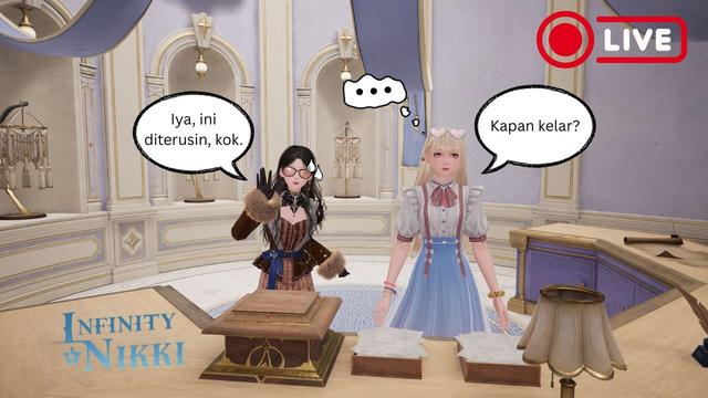 My livestream thumbnail featuring Nikki on the left and Dada on the right. They're both inside the Stylist Guild building, behind the receptionist desk. Dada asks when the Main Story will get finished, and Nikki answers (with a cartoonish sweatdrops on her head) that she will continue the Main Story Quest.