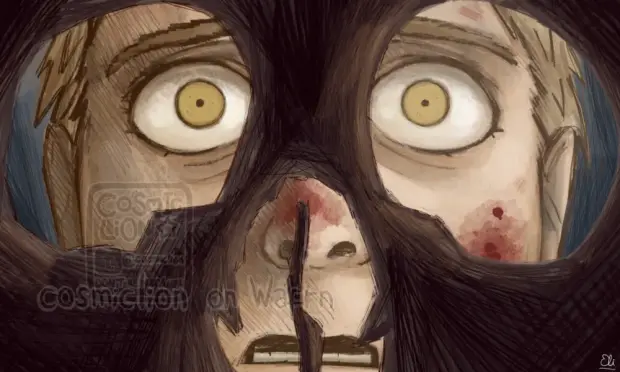 Digital fully rendered illustration of Laios Touden from Dungeon Meshi. It is a redraw of a screenshot. He is looking at Falin's skull with a distressed expression, the view is from inside the skull.