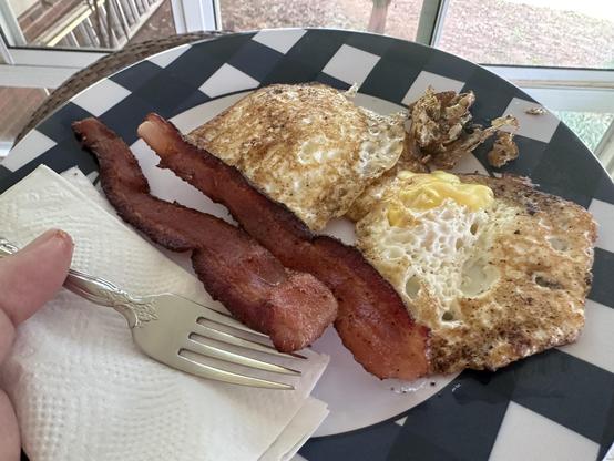 A breakfast plate with two strips of crispy bacon and two fried eggs, one with a slightly broken yolk. The food is served on a black-and-white patterned plate. A silver fork rests on a folded paper napkin at the side of the plate. The background shows a glass window with sunlight coming in, suggesting the meal is being enjoyed indoors near a patio or porch.