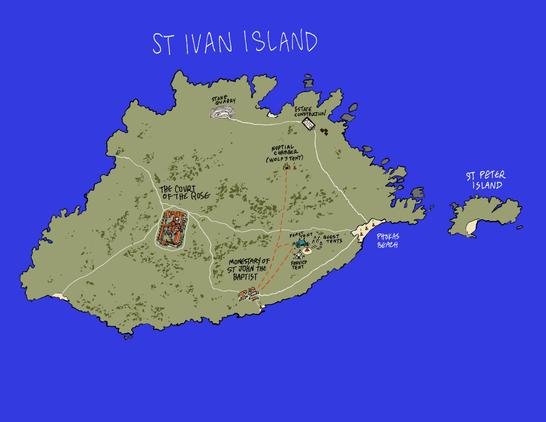 Map of St Ivan's Island, showing the locations of the imperial palace (court of the rose), the monastery of st John the Baptist, the wedding party locations, and the locations of Wolf's estate (under construction) and nuptial chamber.