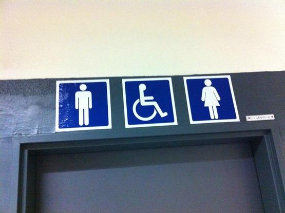 Photo de l'encadrement supérieur d'une grosse porte, avec un logo homme, un logo fauteuil roulant, un logo femme.