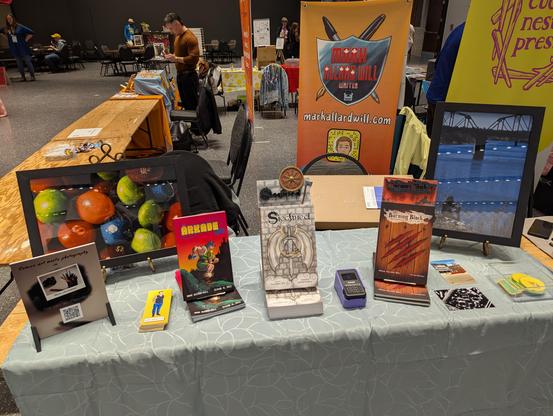 A photo depicting Mark's table set-up at Prairie Comics Festival