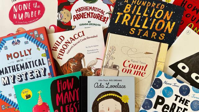 Photograph of a selection of picture book covers. All the books are related to maths or numeracy.