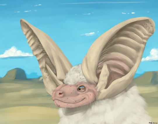 A portrait of a desert long eared bat. They are facing forward and slightly to the left. They look towards the left with a happy expression on their face. The background is a desert landscape with a couple plateaus on the horizon and a partly cloudy blue sky.