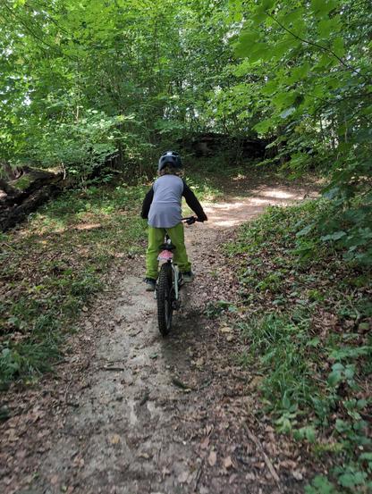 5jähriges Kind auf dem Mountainbike fährt einen Trail.