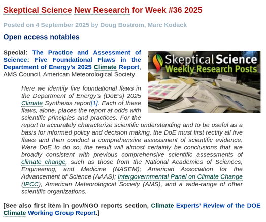 Screen capture of weekly Skeptical Science roundup of climate research.