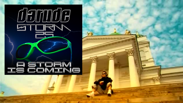 Darude STORM 25 promo pic, together with the original image from Sandstorm video opening scene.
