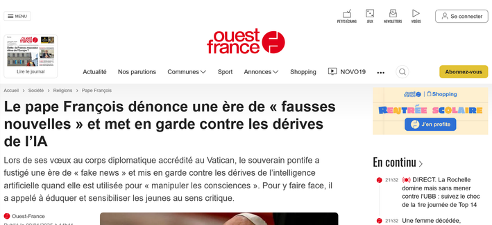 Article de Ouest-France intitulé "Le pape François dénonce une ère de fausses nouvelles et met en garde contre les dérives de l'IA"