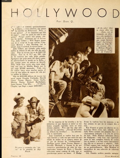Imagen de un artículo de la revista Cine Mundial de 1933 sobre los sueldos de las estrellas de Hollywood, con una fotografía que muestra a actores y un equipo de filmación.