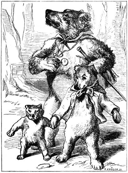 Three rather urbane bears, ready to go out for a walk. illustrator unknown. Xylography by H Krüger.