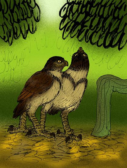 A pair of enormous owls on long, stout legs.  The left owl faces to the right, the right owl has its head rotated facing upwards.