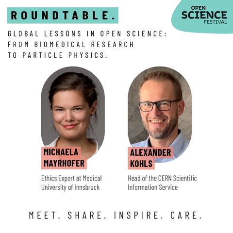 Above: Text Roundtable. Global Lessons in Open Science: From Biomedical Research to Particle Physics. Mid: Two Portraits. Caption: MIchaela Mayrhofer. Ethics Expert at Medical University of Innsbruck. Alexander Kohls. Head of the CERN Scientific Information Service.