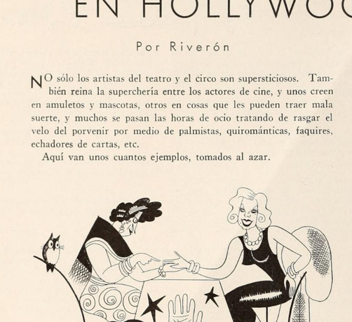 Ilustración de dos mujeres, una con un gato y la otra con un peinado al estilo de los años 30, sentadas en una mesa con símbolos de la suerte, como una estrella y un cristal de bola. El fondo incluye texto que menciona la superstición entre actores de cine en Hollywood.