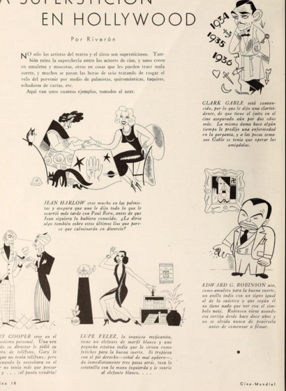 Ilustración de un artículo sobre supersticiones en Hollywood, mostrando a varias estrellas de cine de los años 30 y sus creencias, incluyendo imágenes de Lupe Vélez, Jean Harlow, y Gary Cooper.