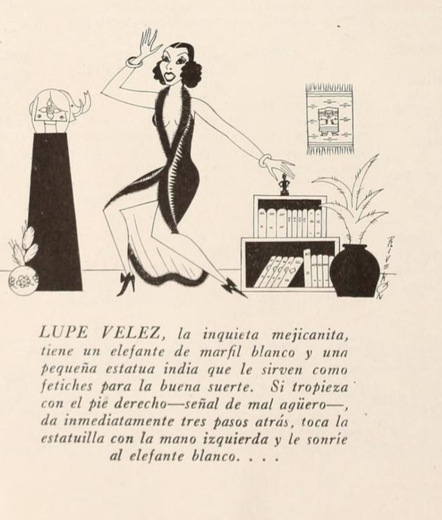 Ilustración de Lupe Vélez, con un elefante de marfil blanco y una estatua india, realizando un ritual para atraer la buena suerte.