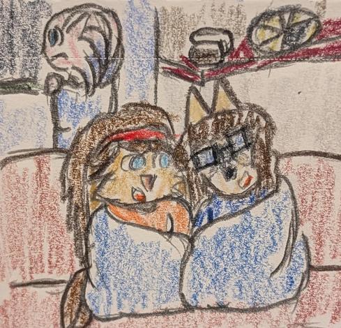 Color pencil drawing of Lop Norausa, a Lepi woman from Star Wars Visions, and Eli Norainu, an anthro dog man, my main OC, cuddling under a blanket on the couch. Behind them, Ayame Alba, a Mikkian woman from Star Wars, stares out of a window, wanting to swim in the pouring rain.