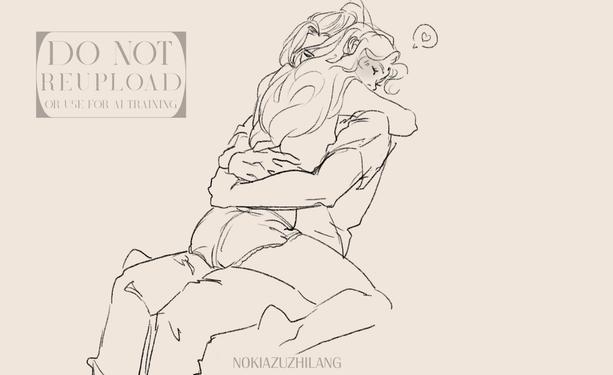 A sketch of Beefleaf. A long wavy haired woman (Shi Qingxuan) is sitting on a man's lap, facing him, laying her head on his shoulder, taking a nap, theres a small bubble of a heart near her. The man is holding her back, eyes closed, he is long haired aswell, with a ponytail (He Xuan).