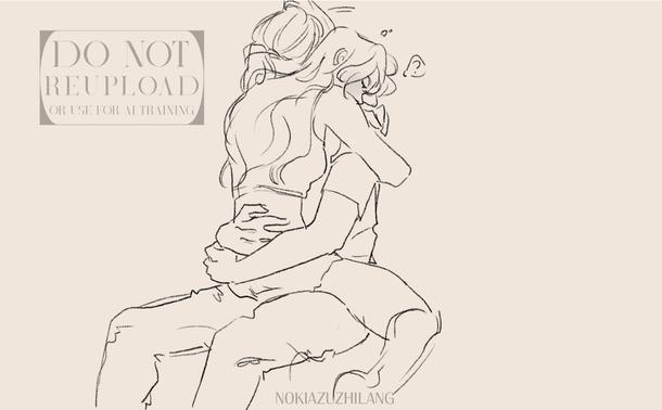 The man moves, holding her, and hiding in her shoulder. Theres a small bubble near here with a question mark. He moves upwards.