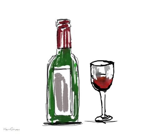 Illustration Rotweinflasche und Glas.