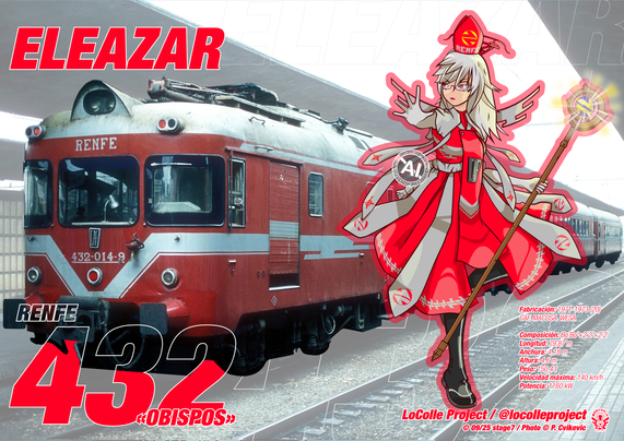 An anime-looking girl that represents a Spanish train. She is dressing like a bishop with a long red and silver dress. The dress has the old RENFE logo in the low parts and the tippets. A silver thick string is tied in the hips. There's silver trimming and a CAF logo in the middle. Black boots, white long gloves. A red miter with a silver "RENFE" word and the old logo in yellow. A red pantograph behind her head. A wooden crosier with a shining sphere representing the old RENFE logo.

She has pale skin, white long hair, glasses and red eyes.

The background is a train for the 1970s resembling the girl's outfit: red, with silver roof and trim. There's basic data about the train, Renfe series 432, the nickname "Obispos" and the girl's name, Eleazar. Photo is copyright P. Cvikevic.