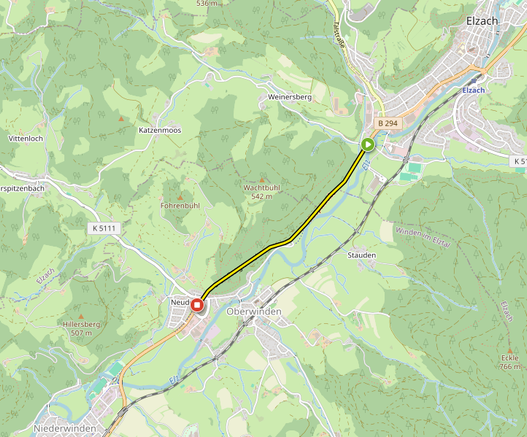 Betroffener Streckenabschnitt mit Bikerouter markiert (Screenshot)