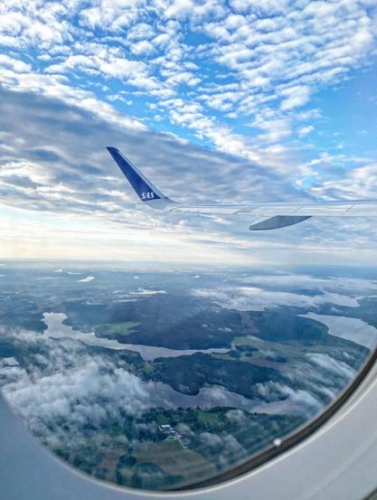 Vy från ett flygplansfönster där man ser SAS-vinge och Stockholmslandskap med vatten, skogar och ängar.