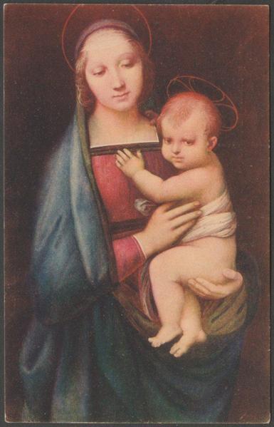 Printed colour postcard showing a view of La Madonna del Granduca by Raffaello.

Published by Fedro Sborgi, Firenze, No 20437, c.1920s.

Postally unused.

Good condition, with slight corner bumps.