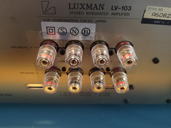 Outside view of the new terminals. There are a total of eight terminals (plus and minus, left and right channels, speaker sets A and B). The terminals look almost as if they are original (the transparent plastic indicates that they are newer than the amps 1988 vintage).
