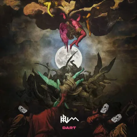 The album cover of Dart by Krum depicts a surreal apocalyptic scene. Winged figures in bright hues of pink, green, and gold tumble through the night sky, illuminated by a full moon. Beneath them, a mass of dark bodies writhes upward, while masked figures in red stand at the bottom, their faces eerily blank. The composition fuses Renaissance-inspired religious art with surreal modern grit, echoing Krum’s intense lyricism and weighty themes.