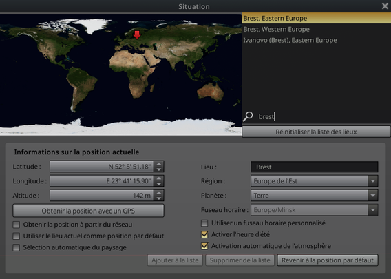 Copie d'écran de Stellarium avec "Brest" dans le champ recherche. Un est en Bretagne (France) mais l'autre en Biélorussie.
