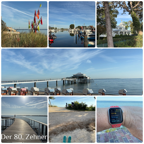 seven impressions of my walk: view with seagras and flags, Niendorf harbour, a beachvilla, the new pier at Timmendorf, my feet resting, results; big pic: Teehaus/Teahouse in Asia-Style at the end of the pier between Niendorf and Timmendorf, blue sky, light clouds, beach chairs, all peaceful