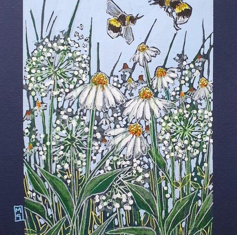A small artwork featuring two bees flying over a mixed bed of white flowers. The drawing has a light sky blue background and is on dark blue paper.
An original art work
Colour pencil and mixed media on acid free toned artist paper
5 by 7 inches (12.7 by 17.8 cm).
Sold unframed