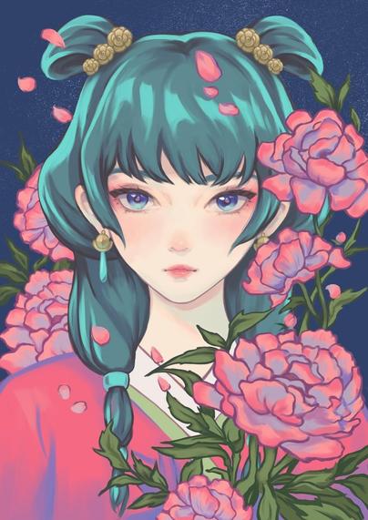 A digital illustration of a young woman with teal hair styled in two buns and adorned with floral clips. She has delicate features and expressive blue eyes, surrounded by large pink peony flowers against a dark background, with petals scattered around her.