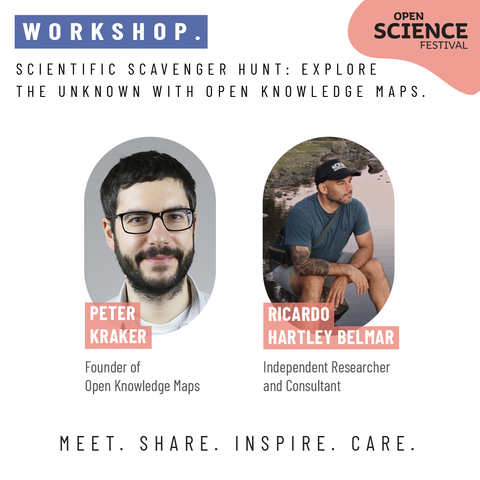 Above: Text Workshop. Scientific Scavenger Hunt: Explore the unknown with Open Knowledge Maps. Mid: Two portraits, captions: Peter Kraker. Founder of Open Knowledge Maps. Ricardo Hartley Belmar, Independent Researcher and Consultant. Below: Motto Meet. Share. Inspire. Care.