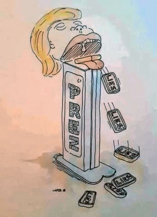 The image depicts a cartoon-style illustration featuring a figure with blonde hair and a large mouth, positioned above a cylinder labeled "PREZ." The figure's mouth is open wide, with a tongue extended, and it appears to be consuming or spewing out rectangular blocks labeled "LIES." These blocks are falling from the mouth and are scattered around the base of the podium. The background is a simple gradient, transitioning from light pink at the top to a pale blue at the bottom. The overall style is reminiscent of political satire, with exaggerated features and bold, clear lines. The illustration is signed "JAPER 18" in the bottom left corner.